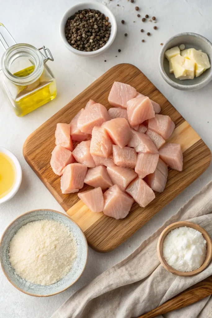 Raw cubed chicken with cornstarch, salt, pepper, butter, and olive oil