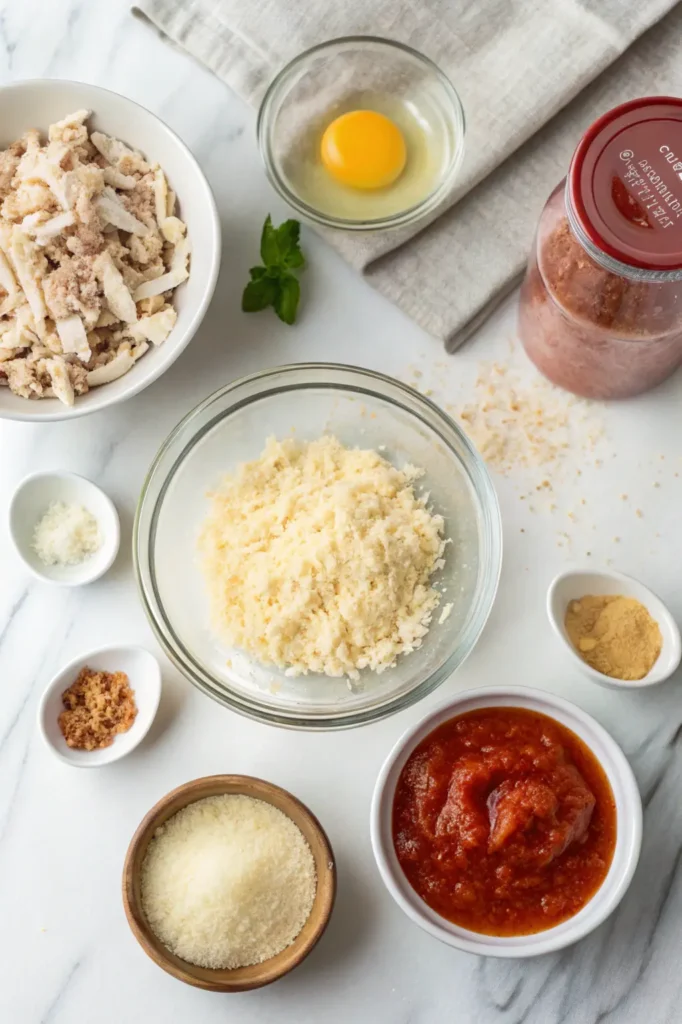 Ingredients for chicken pizza crust including canned chicken, Parmesan cheese, egg, and seasonings arranged on a marble surface