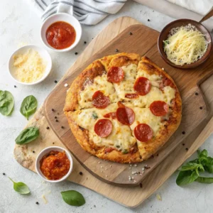 Overhead shot of crispy chicken pizza crust recipe topped with melted cheese and pepperoni on a wooden board