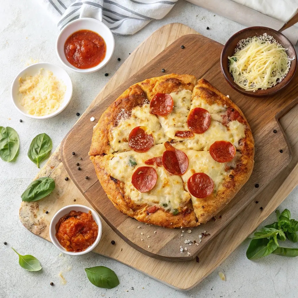 Overhead shot of crispy chicken pizza crust recipe topped with melted cheese and pepperoni on a wooden board