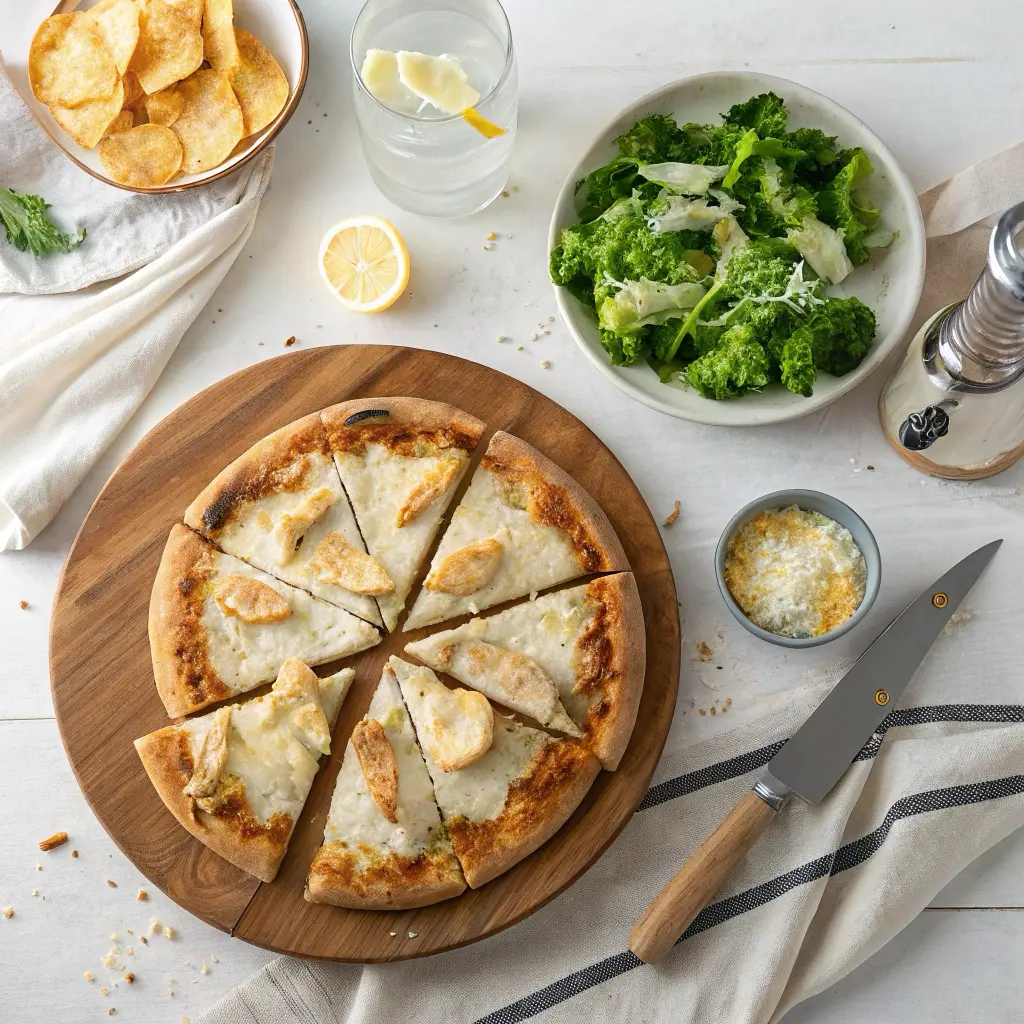 Sliced chicken crust pizza served with Caesar salad, sparkling water, and roasted broccoli