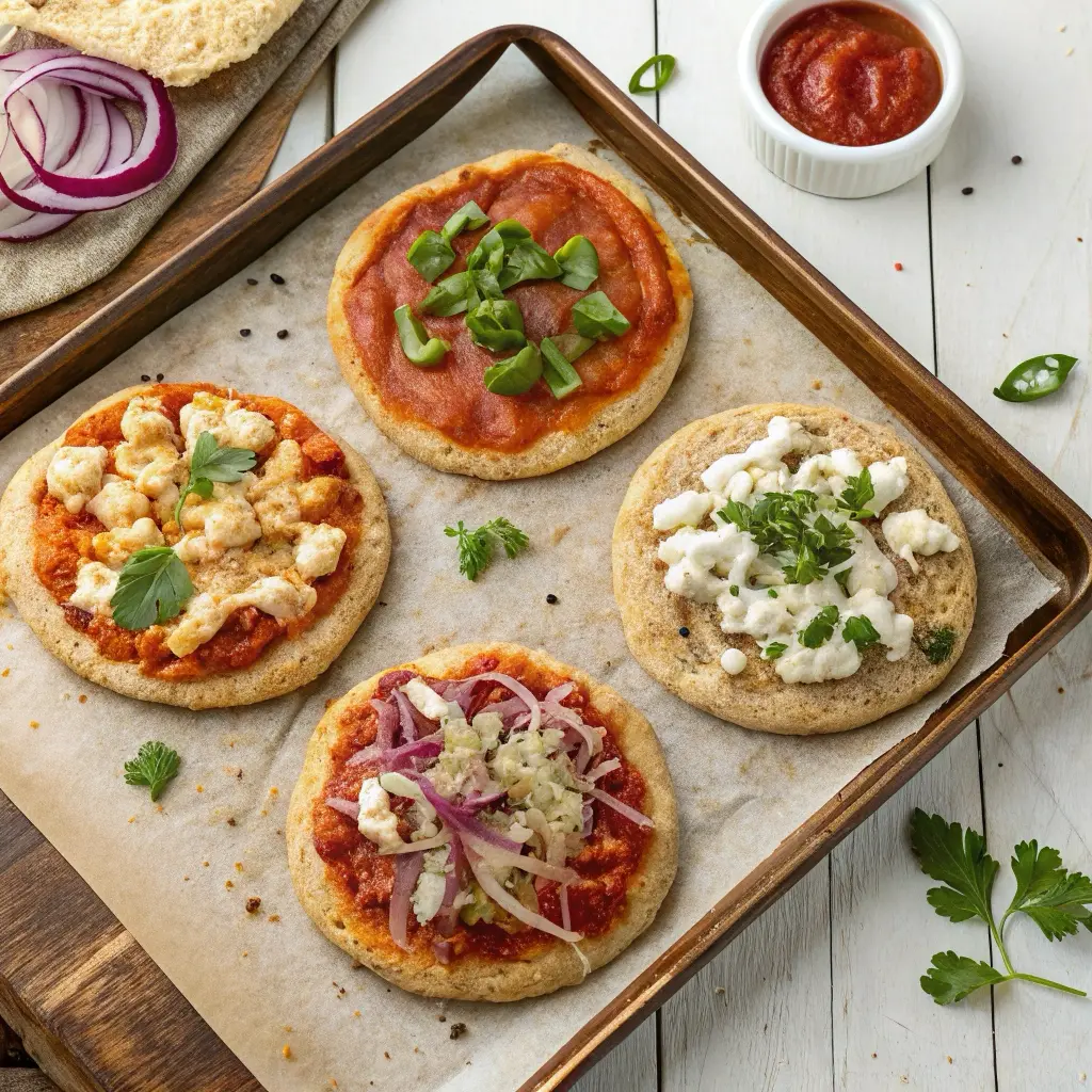 Four mini chicken crust pizzas with different toppings including BBQ, Alfredo, buffalo, and taco-style