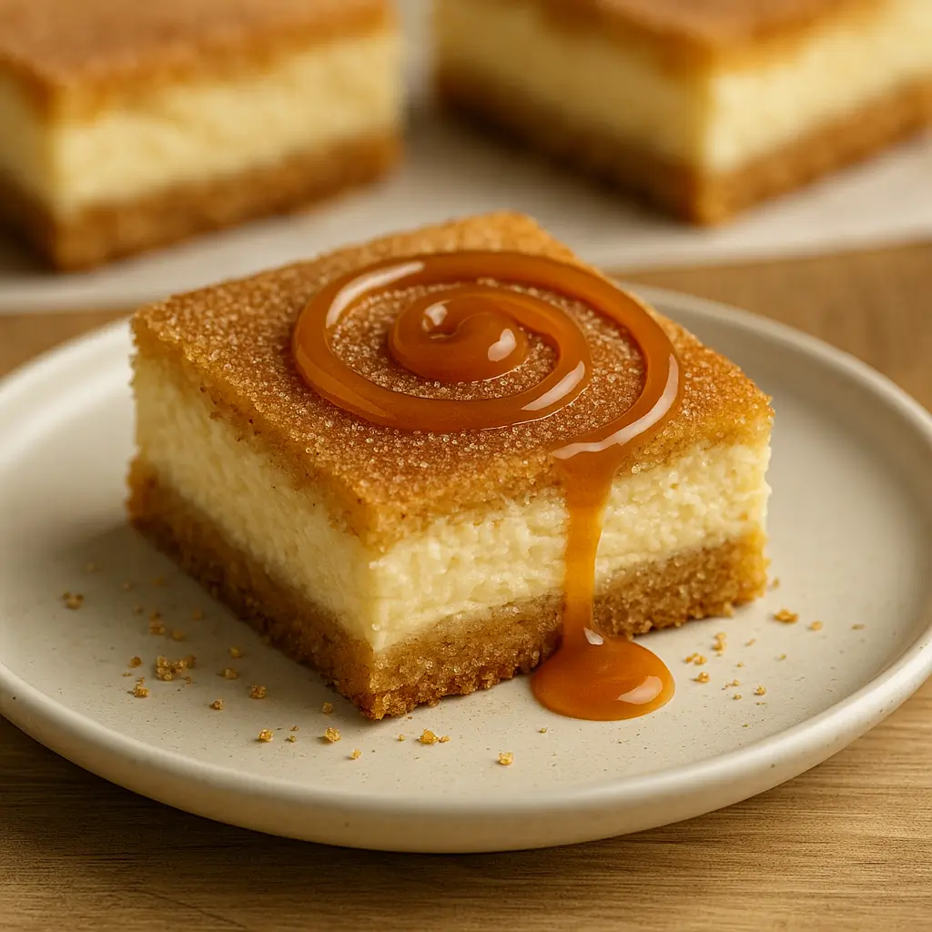 Churro cheesecake bar topped with caramel drizzle on a white plate.