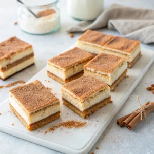 Churro cheesecake bars with cinnamon sugar topping and creamy layers.