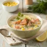 Creamy smoked salmon chowder with gnocchi, corn, and herbs in a white bowl on a rustic table