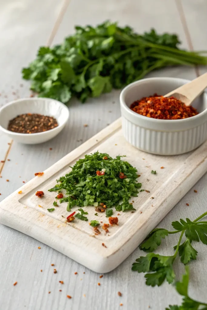 Chopped parsley and red chili flakes on a board