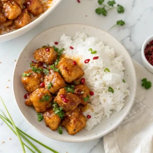 Overhead view of honey garlic chicken bites served over rice with red chili flakes and parsley
