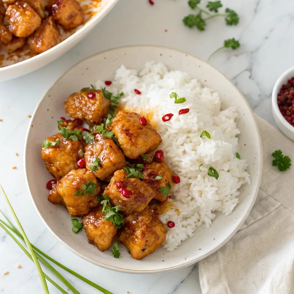 Overhead view of honey garlic chicken bites served over rice with red chili flakes and parsley