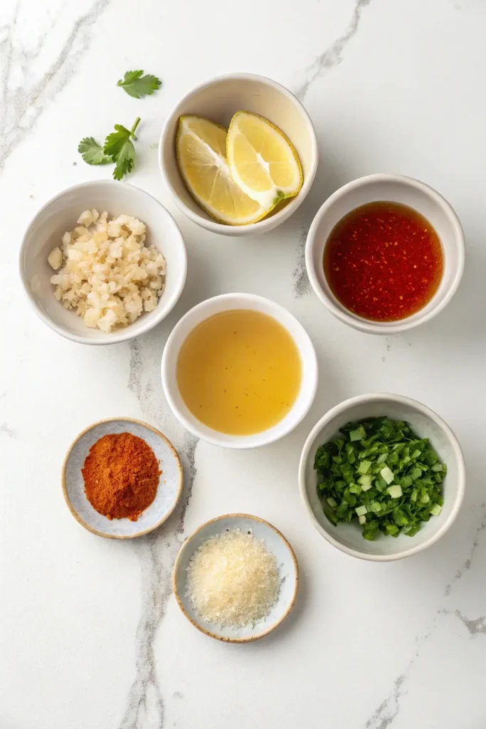 Ingredients for honey garlic sauce in small bowls including honey, garlic, broth, lemon juice, and sriracha