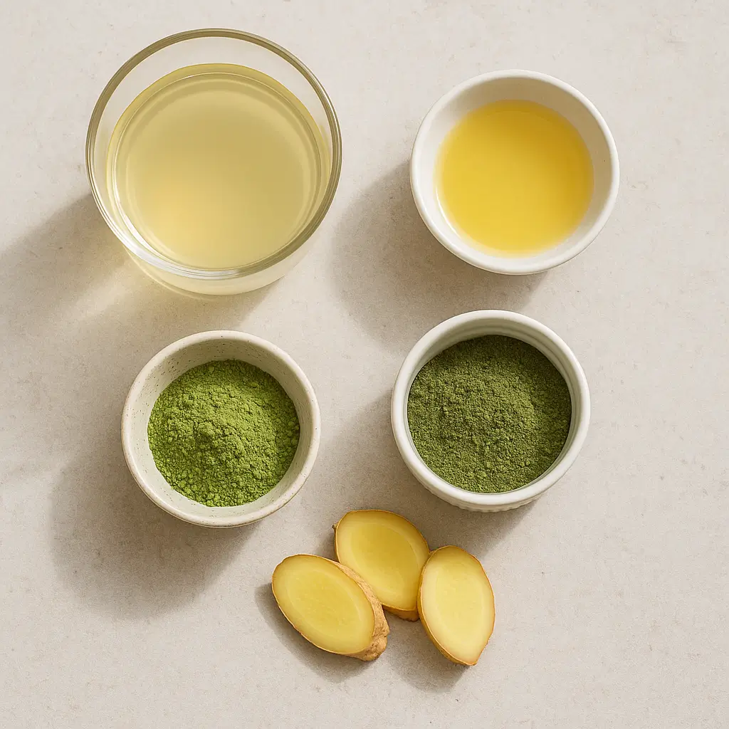 Flat lay of matcha, kelp powder, ginger, lemon juice, and warm water.