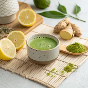 Japanese Mounjaro detox drink in a ceramic cup with matcha, ginger, and lemon