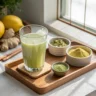 A glass of pale green Japanese Mounjaro Recipe drink on a wooden tray, surrounded by powdered ingredients, fresh ginger, and lemons, styled in a sunlit kitchen.