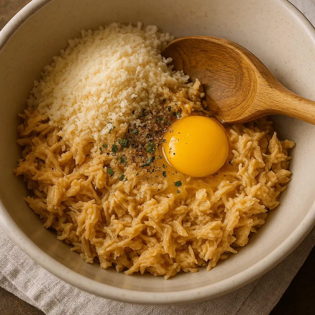 Mixing canned chicken, egg, and cheese for pizza crust
