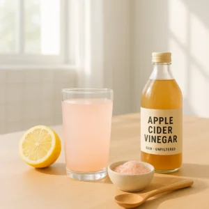 Glass of natural Mounjaro recipe drink with lemon, pink salt, and apple cider vinegar in a bright kitchen