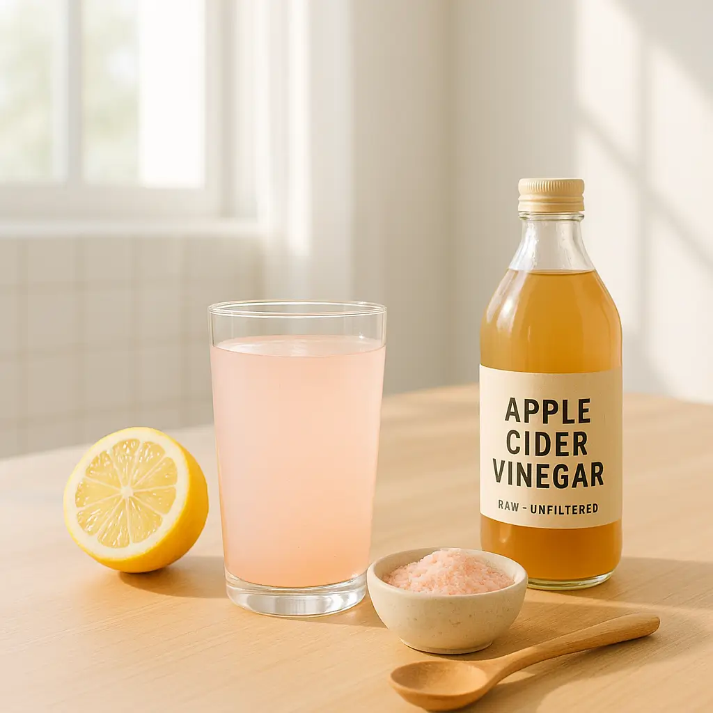 Glass of natural Mounjaro drink with lemon, pink salt, and apple cider vinegar in a bright kitchen
