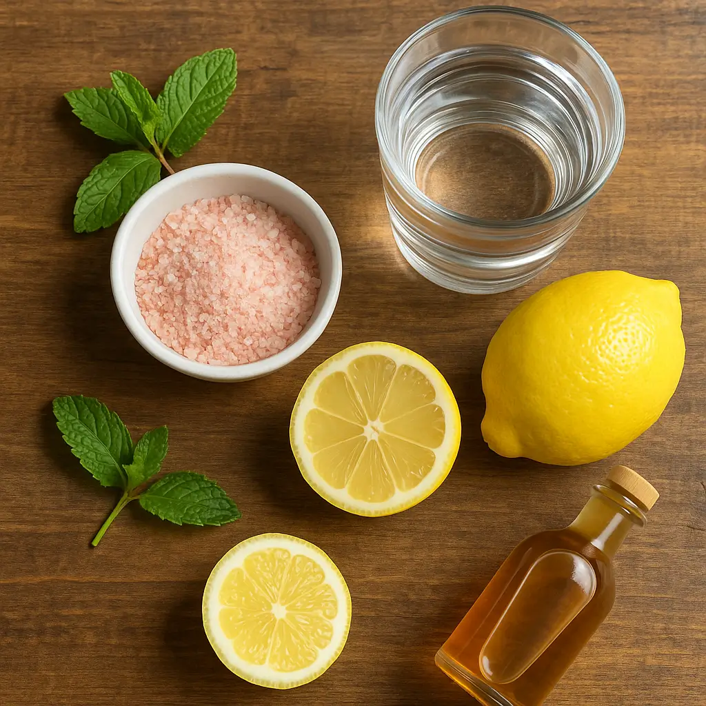 Ingredients for the pink salt trick recipe including Himalayan salt, lemon, water, and apple cider vinegar on a rustic wooden surface