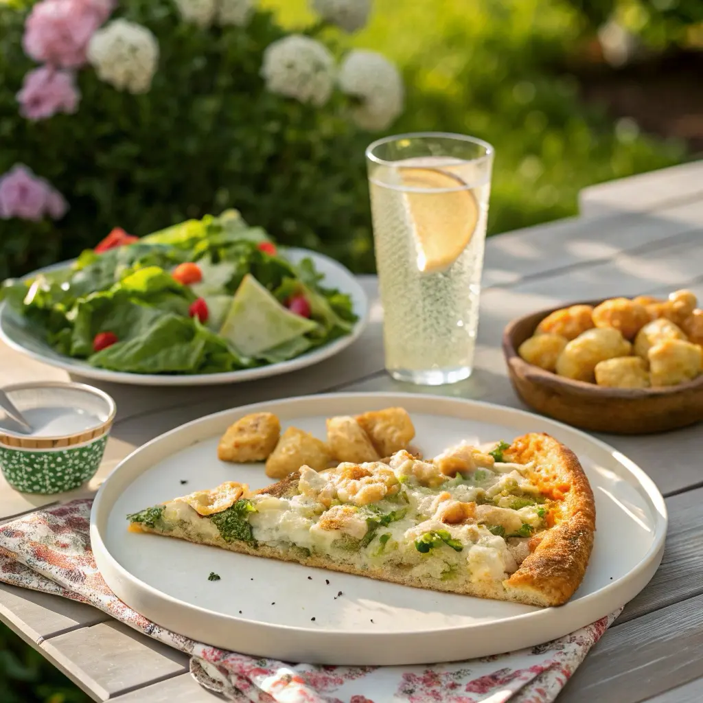 Plated Chicken Caesar Pizza with drinks and caesar salad