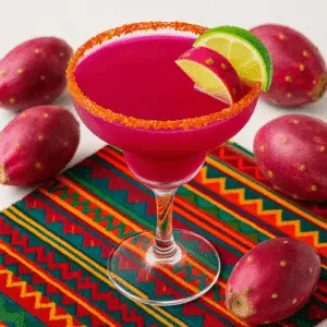 Prickly pear margarita with lime and Tajín rim