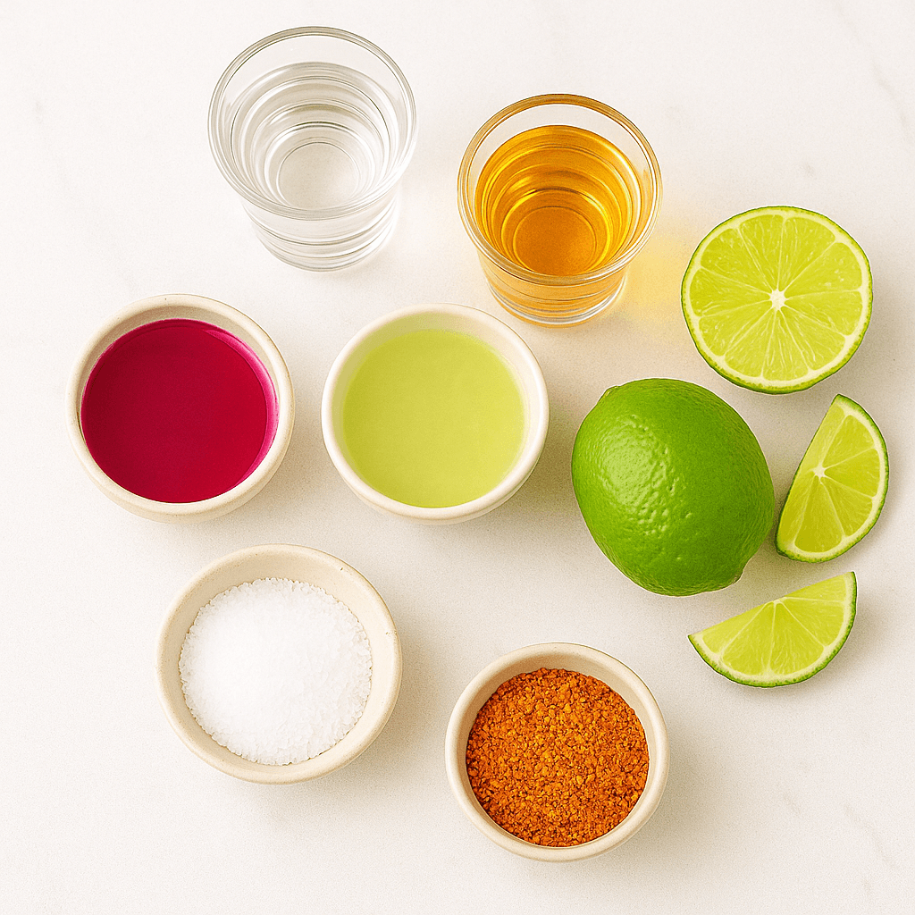 Ingredients for prickly pear margarita on a countertop