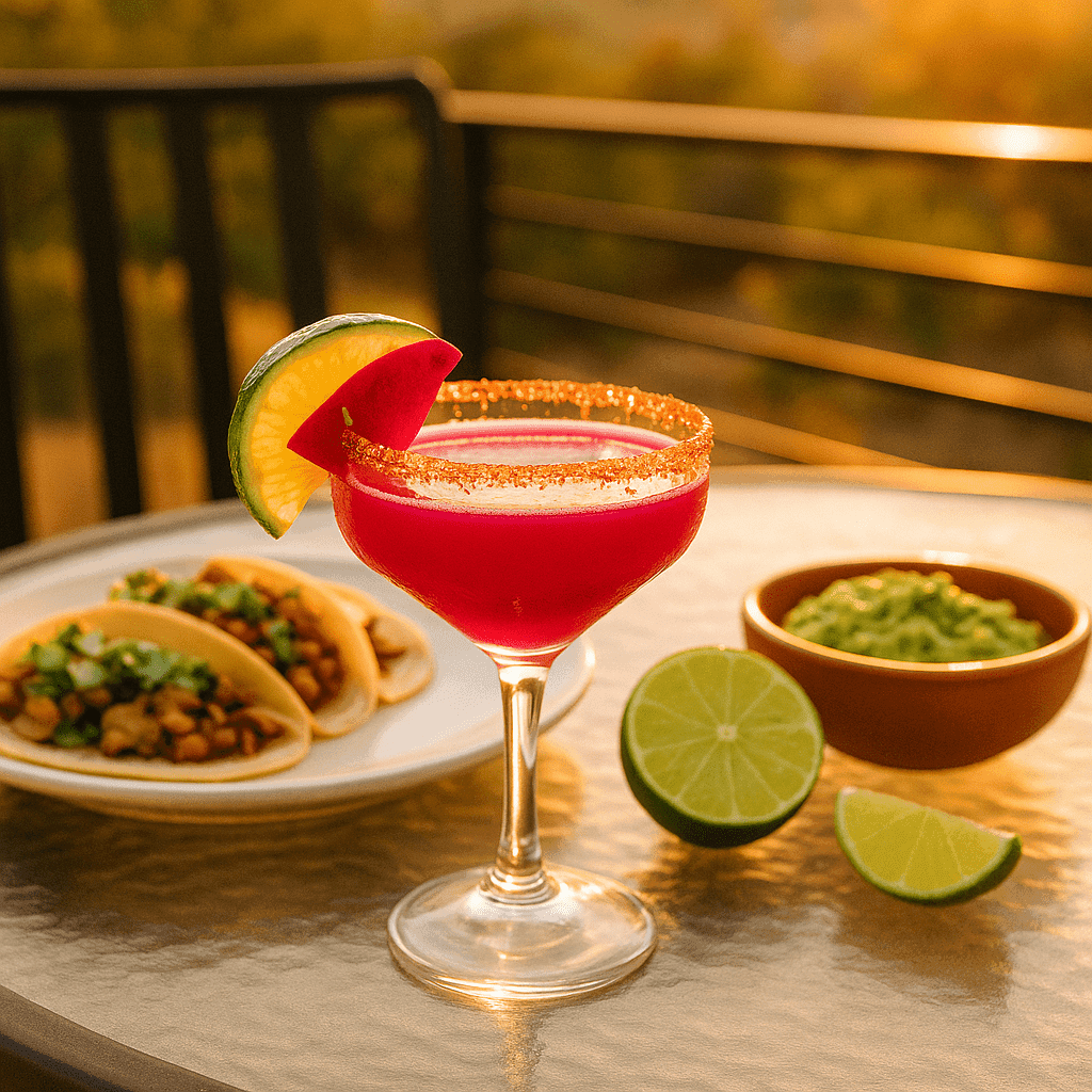 Prickly pear margarita with tacos and chips on patio