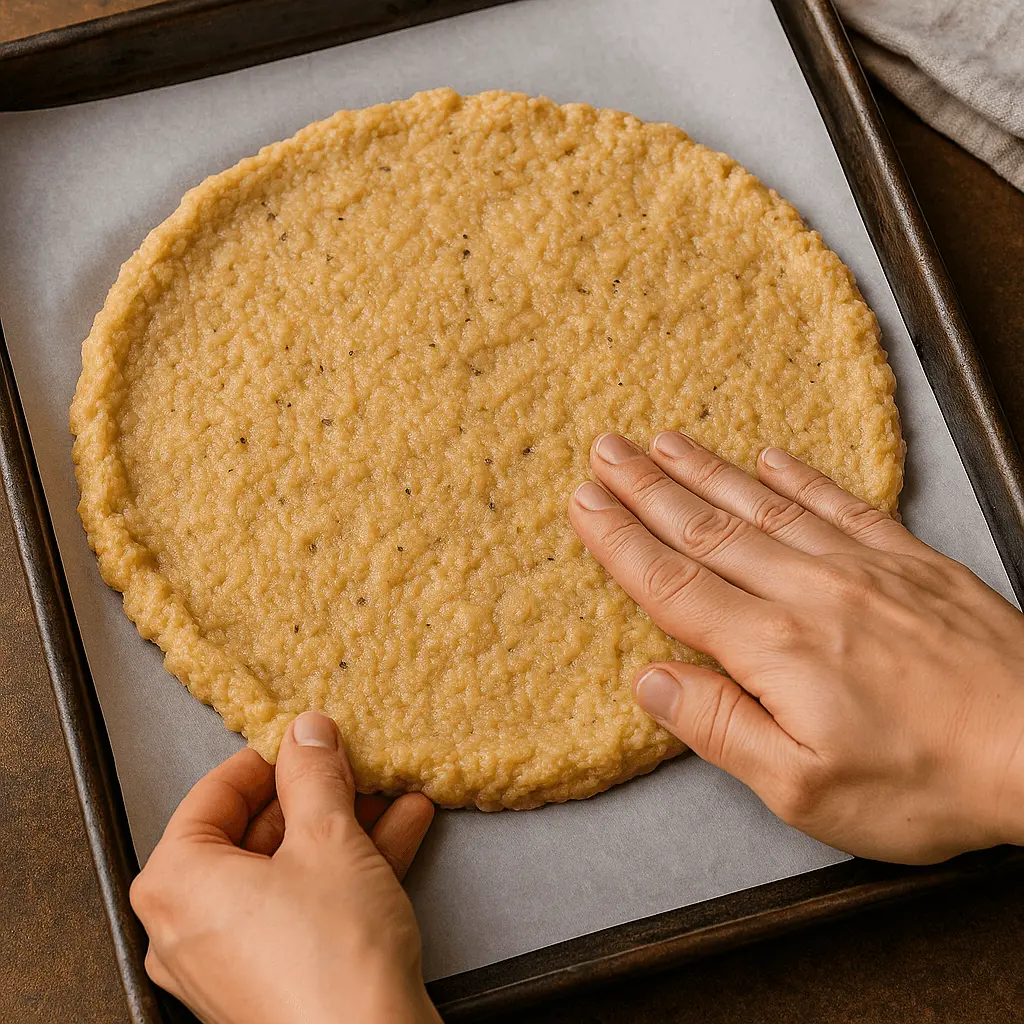 Shaping canned chicken dough into a pizza crust