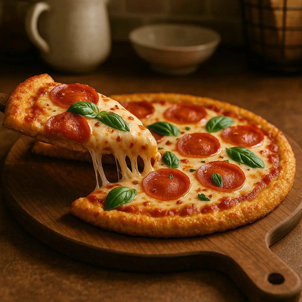 Sliced low-carb chicken pizza crust with toppings