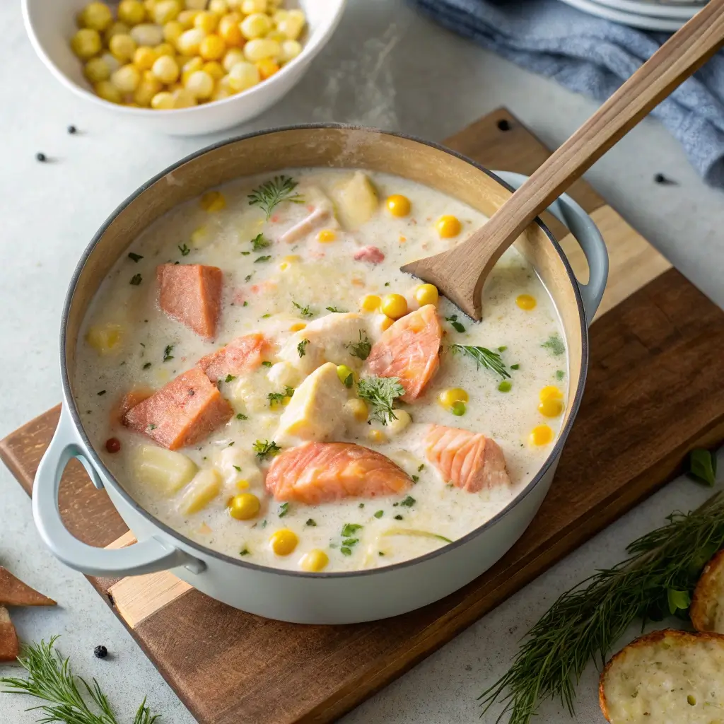Creamy smoked salmon chowder simmering in a pot with gnocchi, herbs, and salmon chunks visible on the surface
