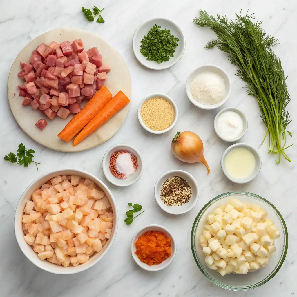 Overhead shot of ingredients for smoked salmon chowder, including salmon, gnocchi, bacon, herbs, and cream on a marble background