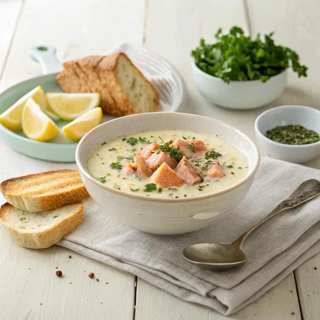 Bowl of smoked salmon chowder served with crusty sourdough bread and fresh herbs on a rustic table