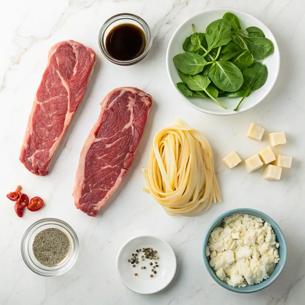 Ingredients for steak gorgonzola alfredo laid out on a marble countertop including steak, pasta, spinach, cheese, and sauce ingredients
