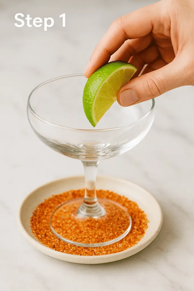 Hand rubbing a lime wedge around the rim of a coupe glass above a shallow dish of Tajín.