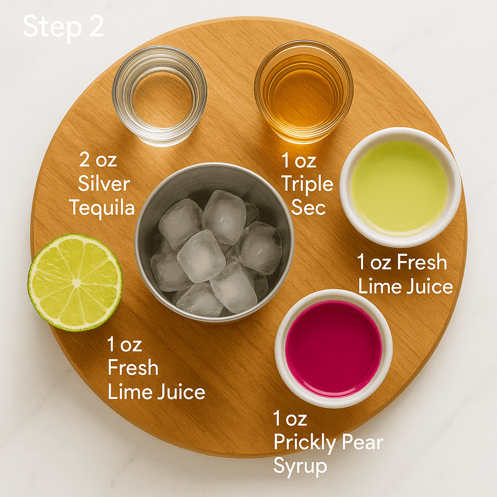 Overhead view of a cocktail shaker with ice, silver tequila, triple sec, lime juice, syrup.