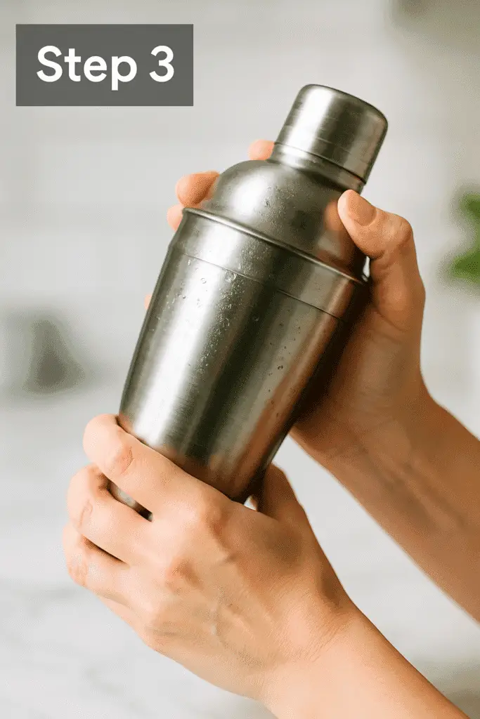 Hands vigorously shaking a metal cocktail shaker with condensation droplets.