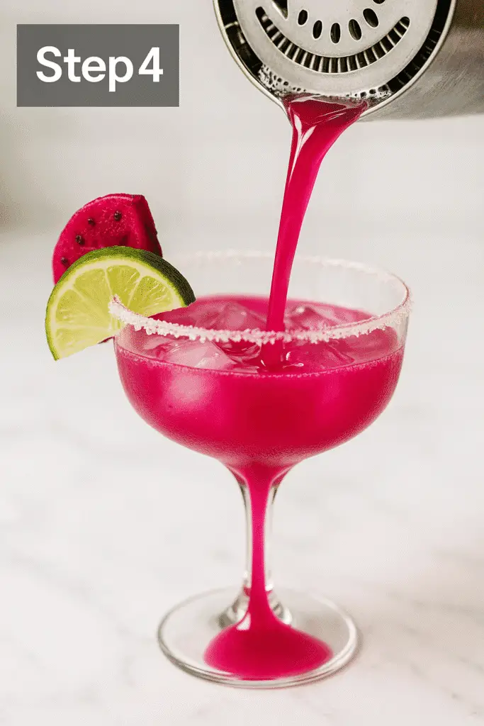 Fuchsia margarita flowing through a strainer into an ice-filled coupe glass.