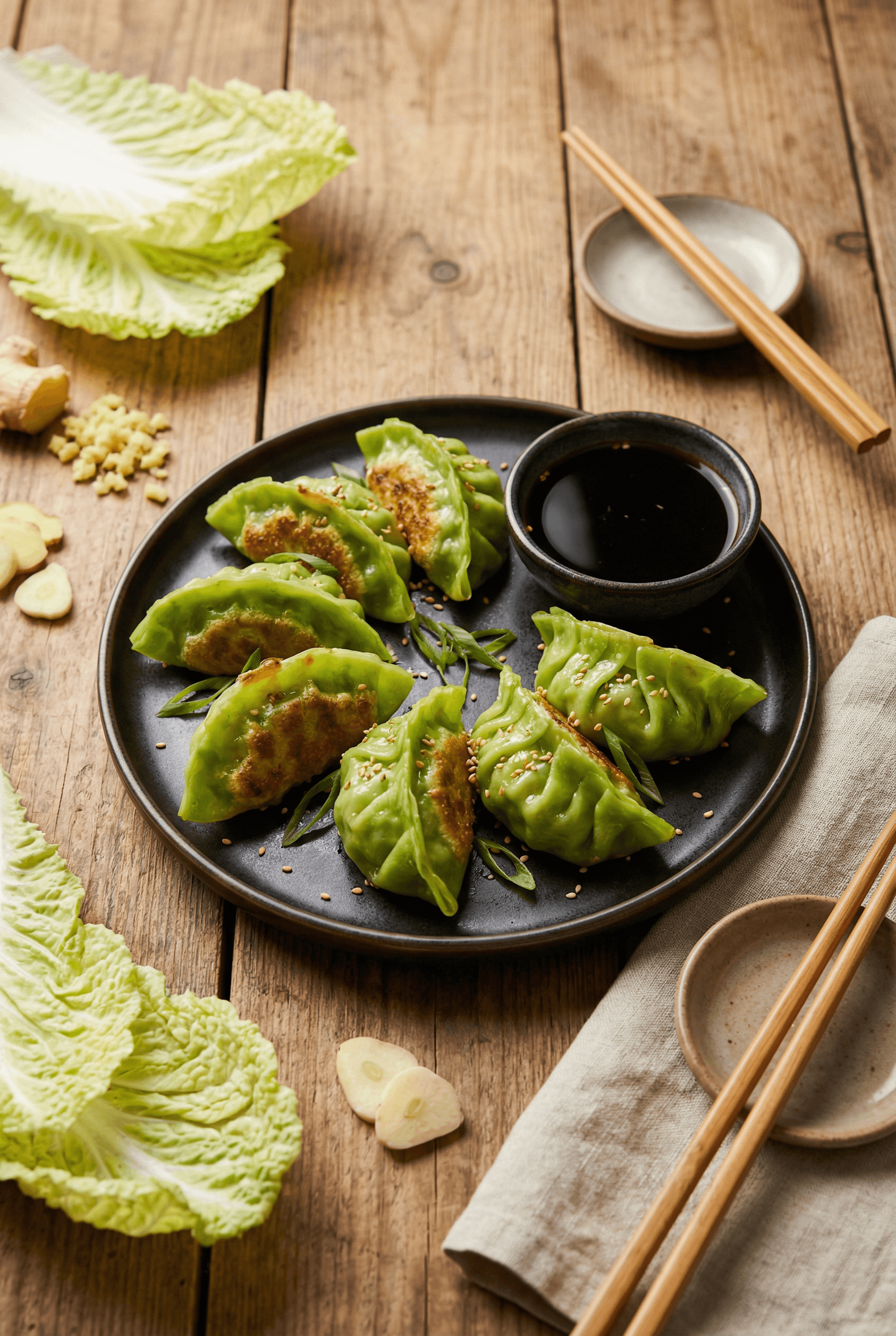 Cabbage dumplings gyoza with crispy golden bottoms