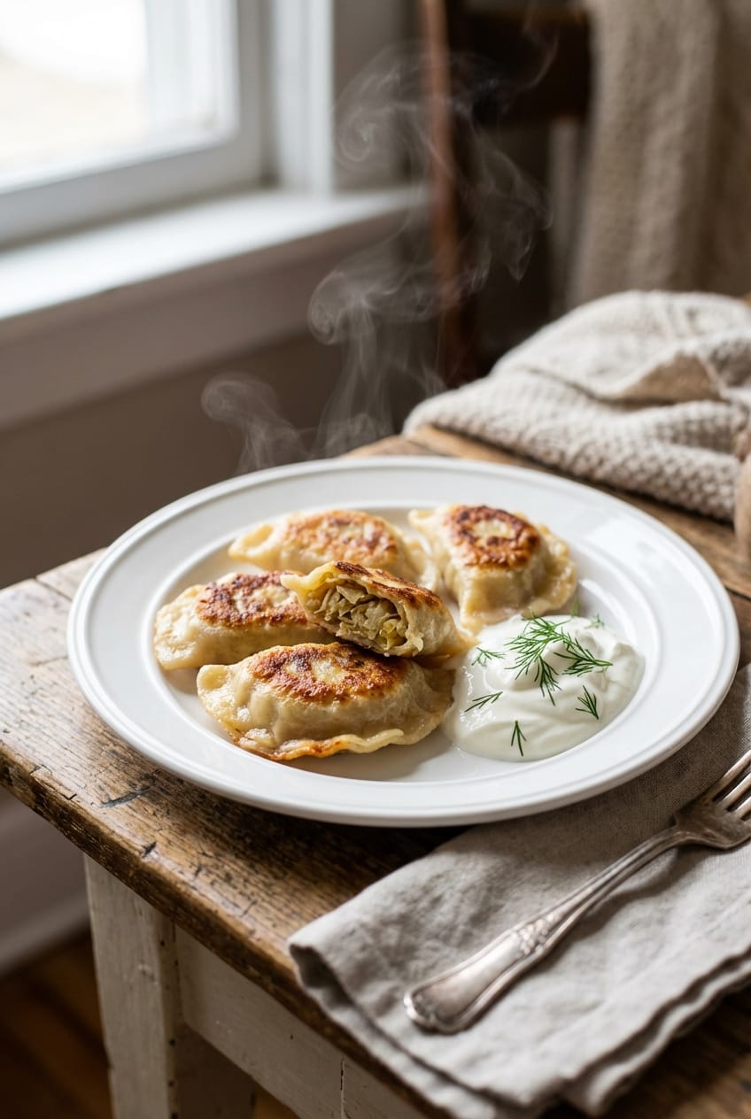 Polish cabbage dumplings with sour cream and dill