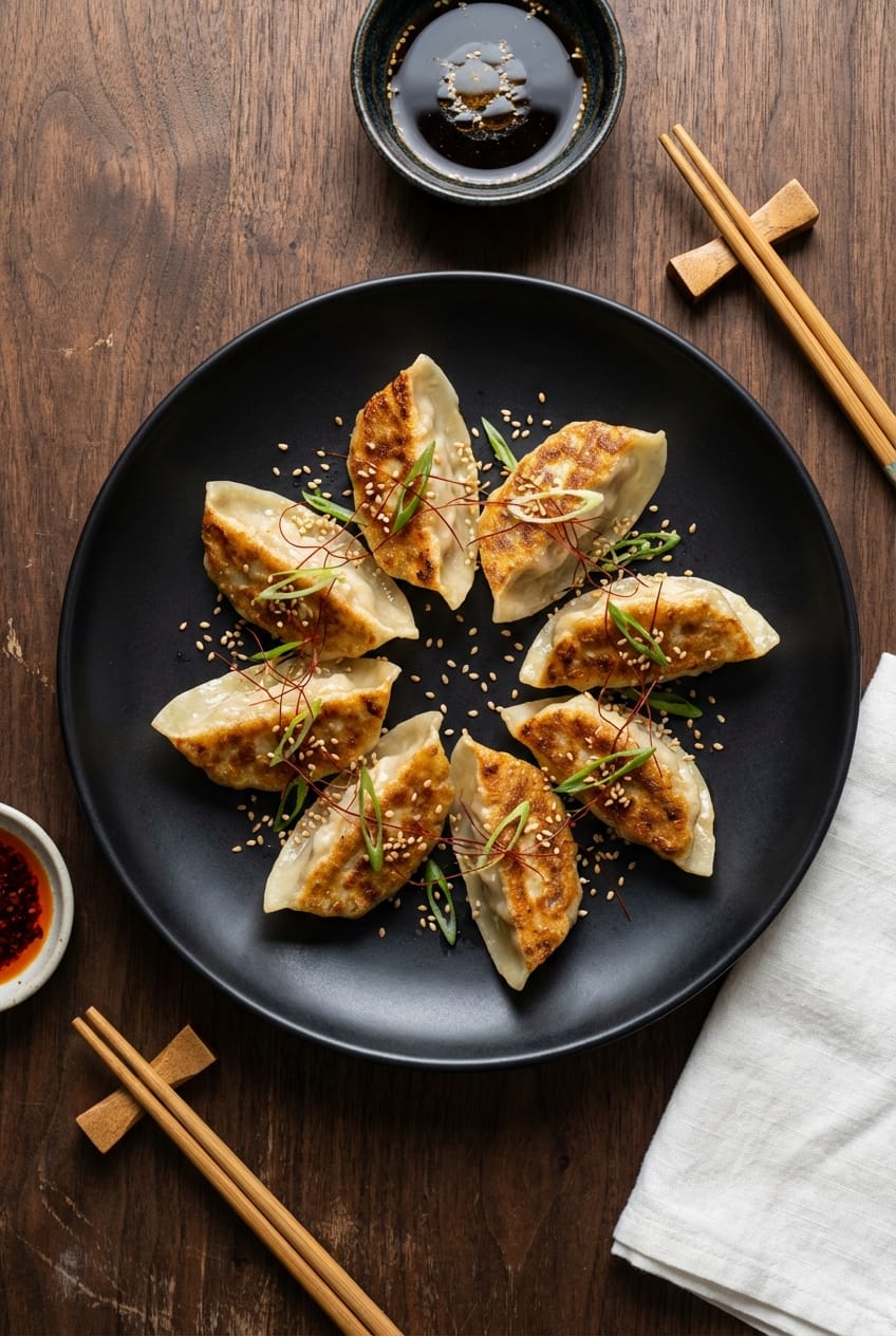 Plated cabbage dumplings with dipping sauce overhead view