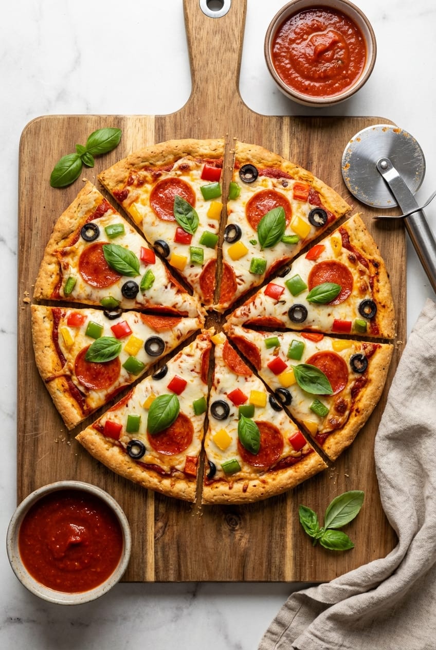 Canned chicken pizza crust overhead view