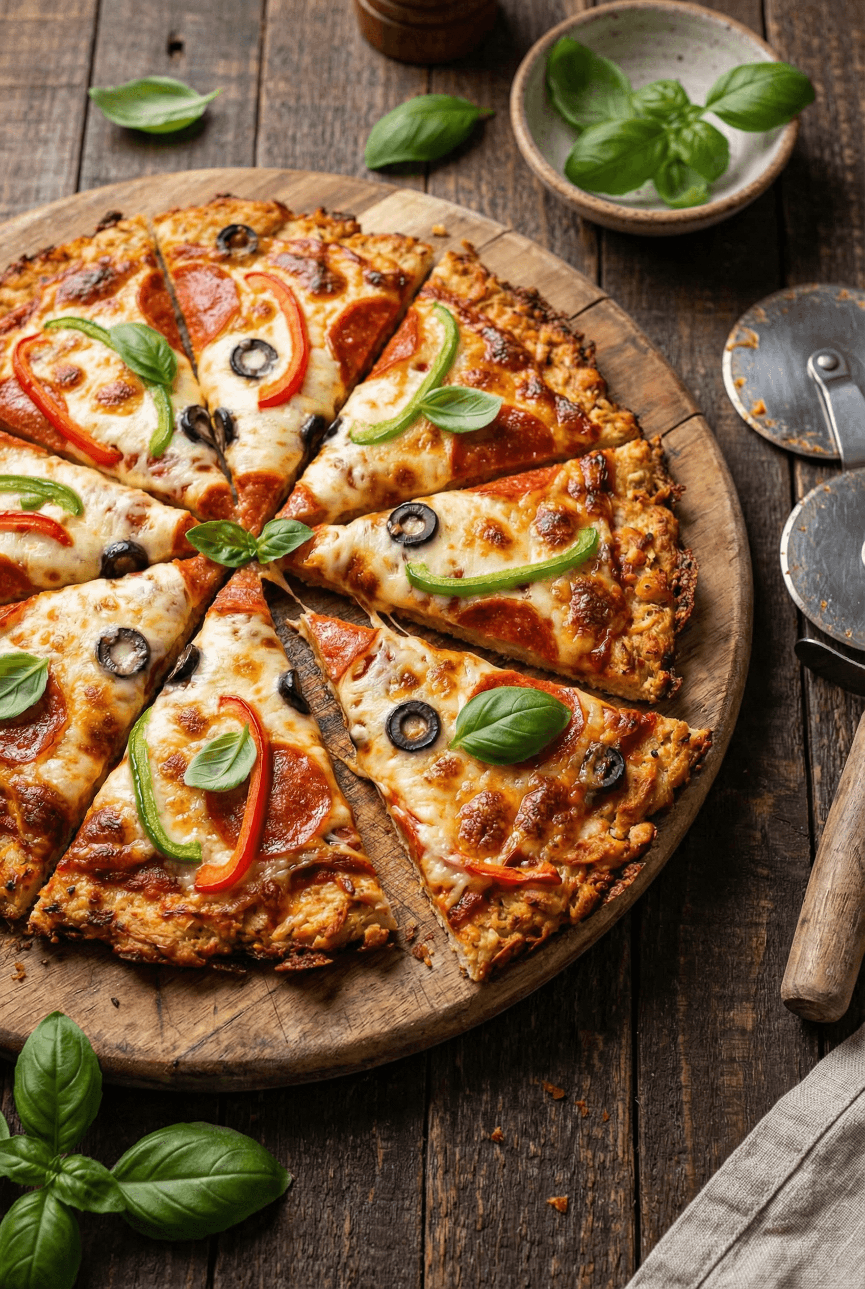 Canned chicken pizza crust with melted cheese and toppings