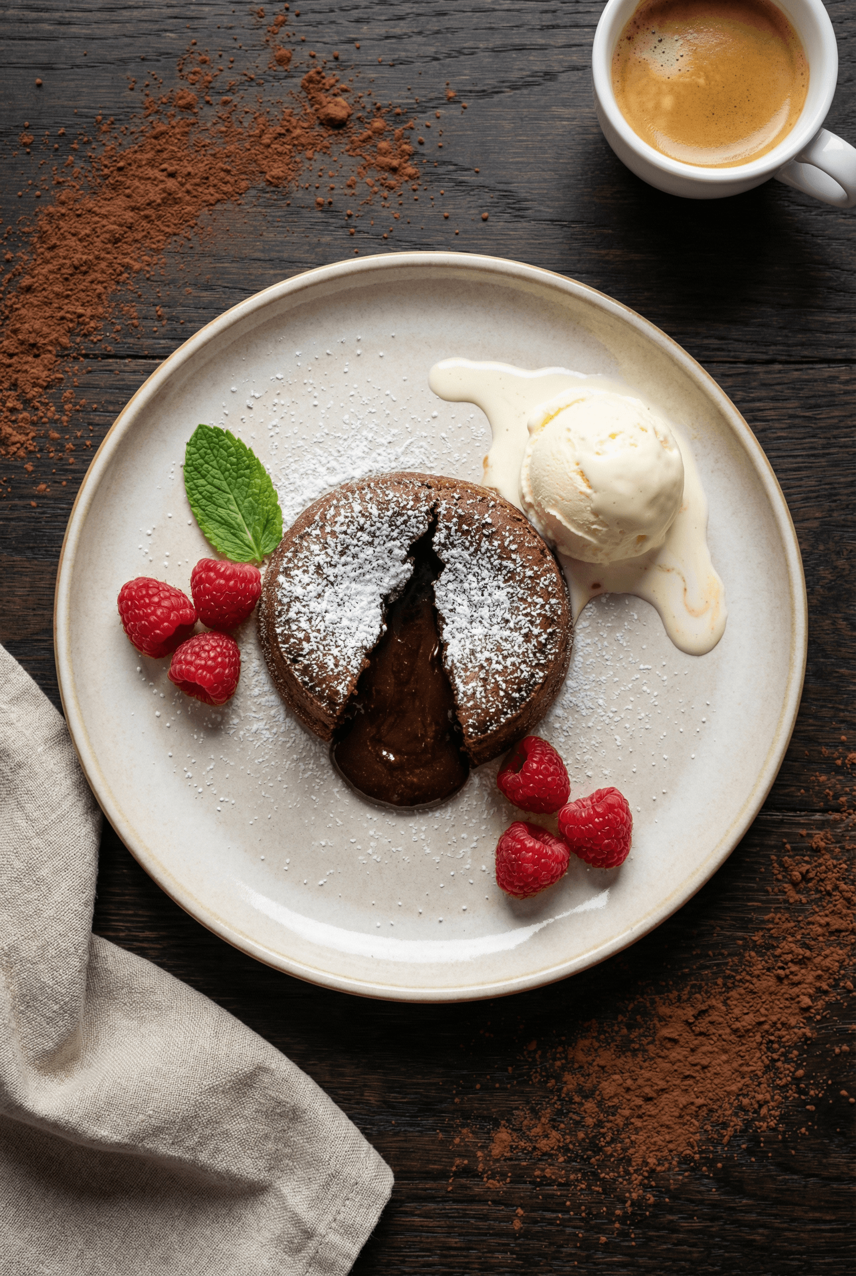 Plated chocolate lava cake with ice cream