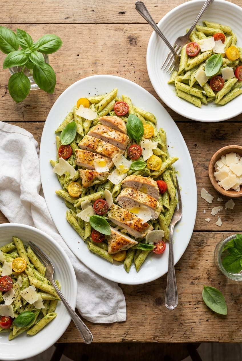 Overhead view creamy pesto chicken pasta family style serving