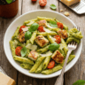 Creamy pesto chicken pasta with golden chicken and fresh basil