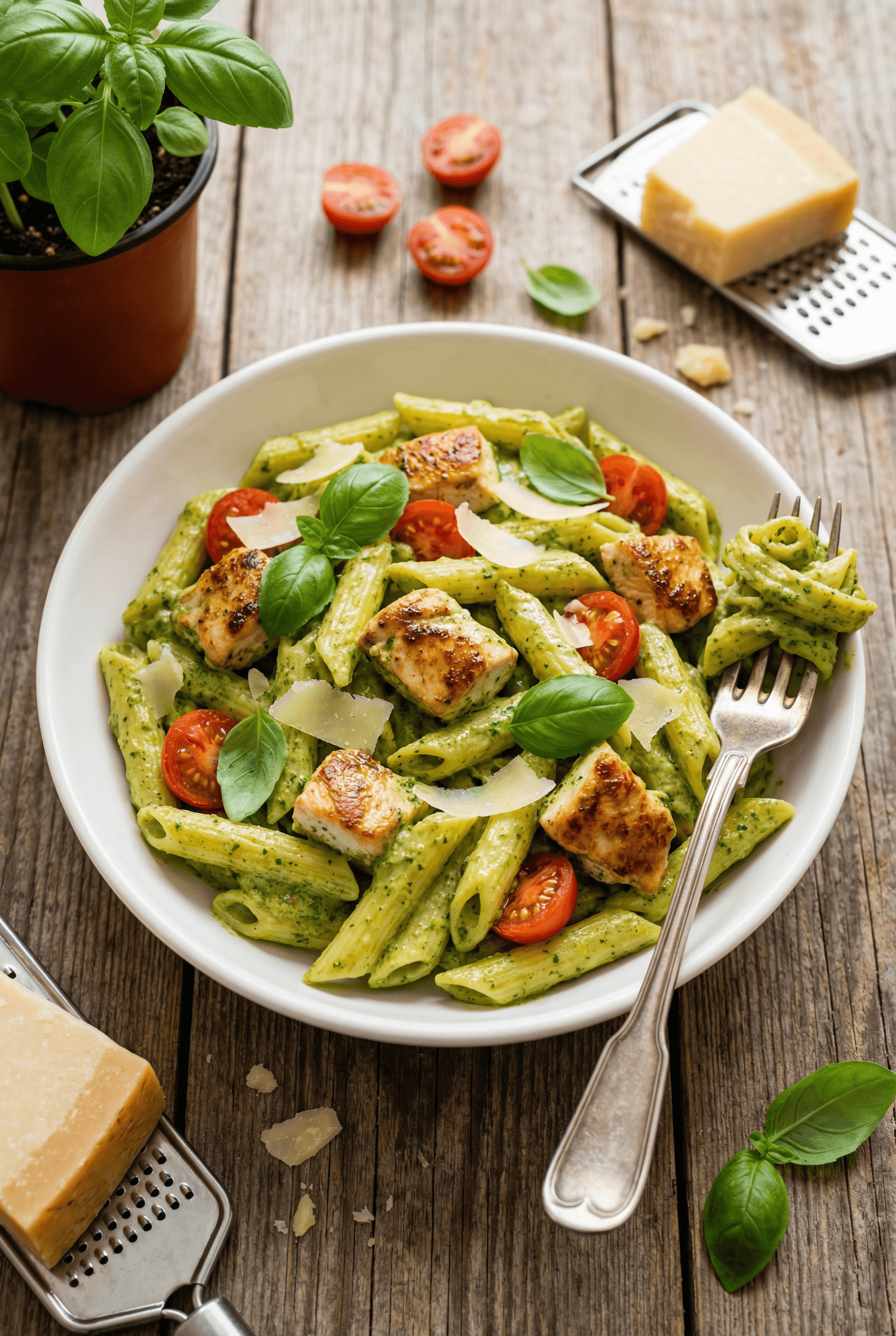 Creamy pesto chicken pasta with golden chicken and fresh basil