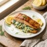 Creamy spinach stuffed salmon with golden seared exterior