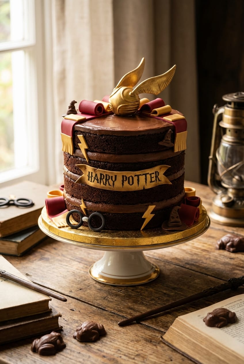 Harry Potter birthday cake with chocolate frosting and decorations
