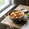Fermented cabbage kimchi bowl with rice