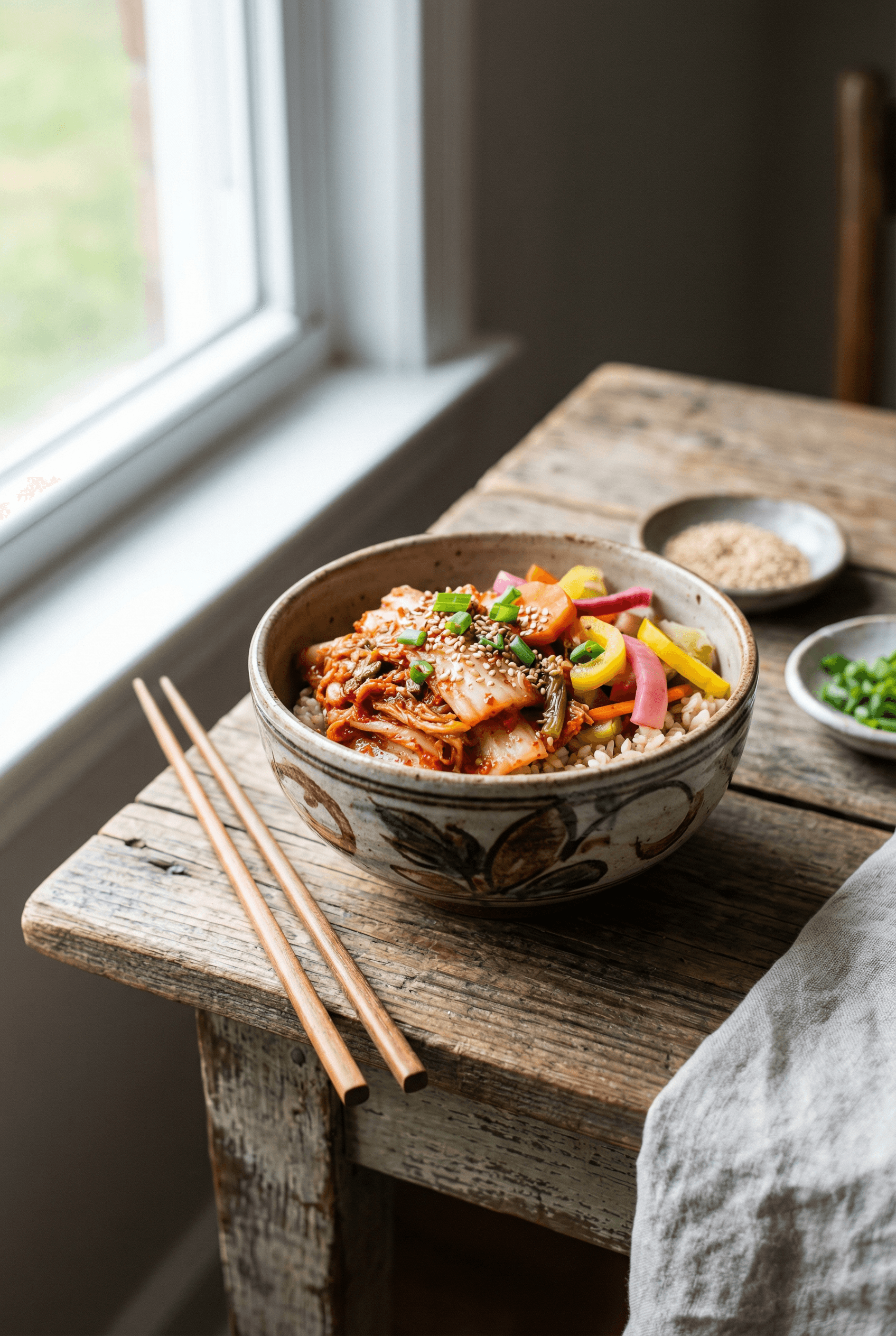 Fermented cabbage kimchi bowl with rice and vegetables
