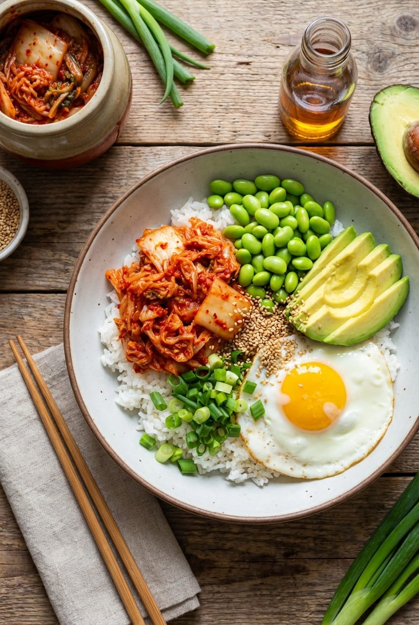 Kimchi bowl overhead view