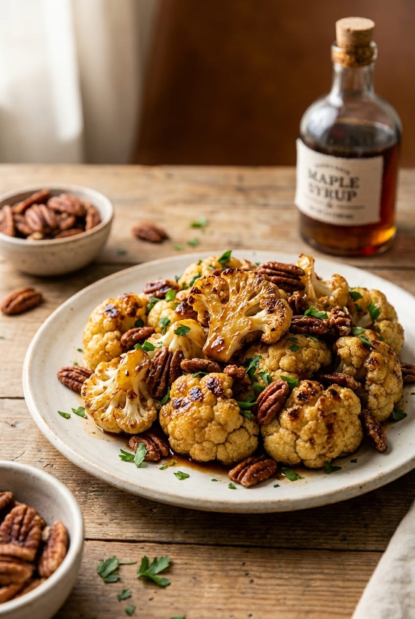 Maple balsamic roasted cauliflower with crispy pecans