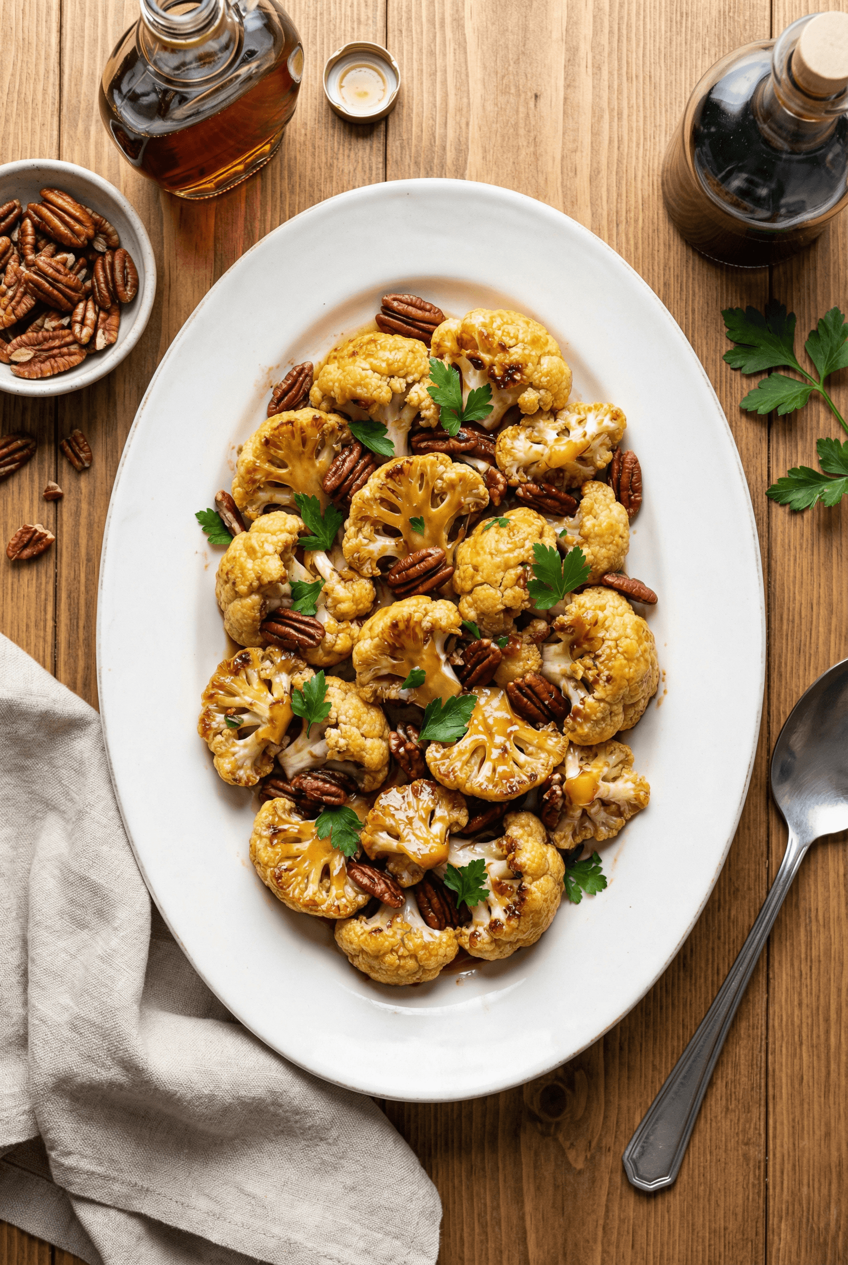 Maple balsamic roasted cauliflower overhead view